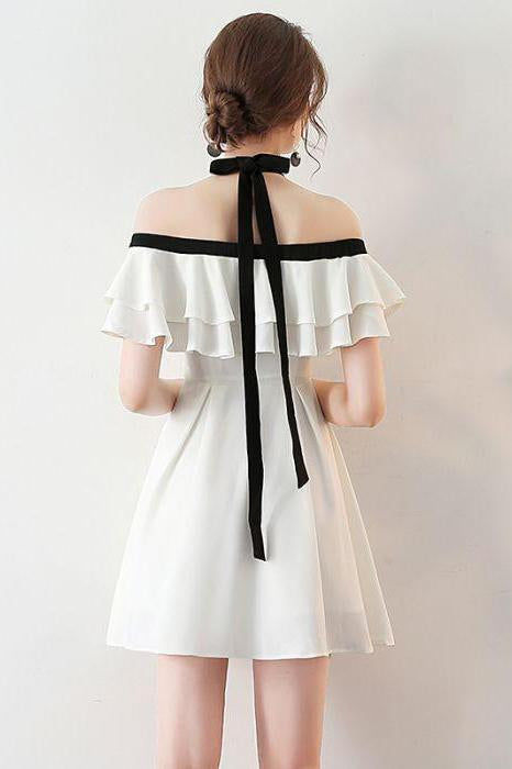 Chic Halter A Line Simple White Off the Shoulder Chiffon Cheap Short Homecoming Dress