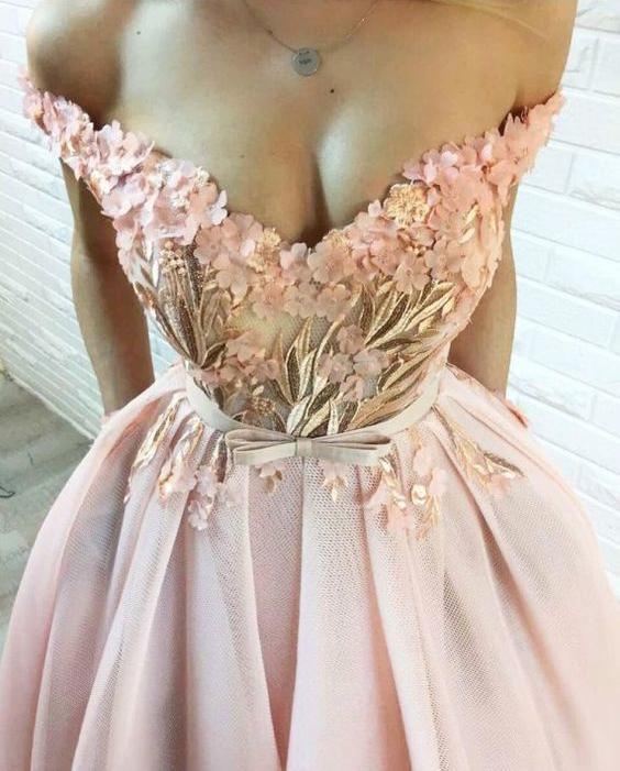 A Line Hand-Made Flower Long Off the Shoulder Sweetheart Prom Dresses with Pockets