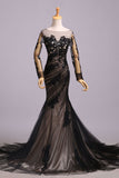 Mermaid Black Tulle Lace Appliques Long Sleeve V Back Scoop Cheap Prom Dresses