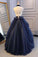 Ball Gown Blue Tulle Lace Long Prom Dresses Deep V Neck Backless Evening Dresses