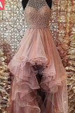 Ball Gown Halter High Low Prom Dresses Beading Asymmetrical Tulle Evening Dresses PW501