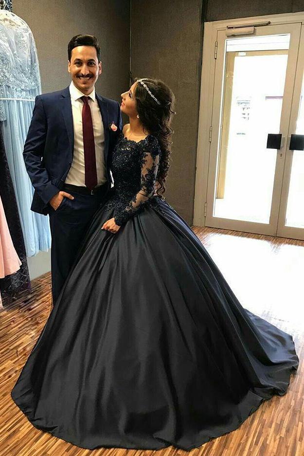 Ball Gown Long Sleeves Navy Blue With Lace Prom Dress Quinceanera Dresses