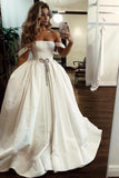 Ball Gown Off the Shoulder Satin Bateau Long Wedding Dresses with Pockets Bridal Dress