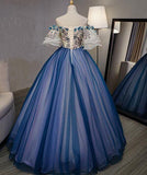 Ball Gown Off the Shoulder Short Sleeve Lace up Sweetheart Prom Dresses with Appliques