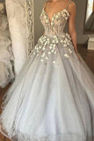 Ball Gown Spaghetti Straps V Neck Silver 3D Floral Beads Prom Dresses Dance Dresses