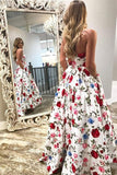 Ball Gown Strapless White Floral Print Prom Dresses with Pockets Dance Dresses