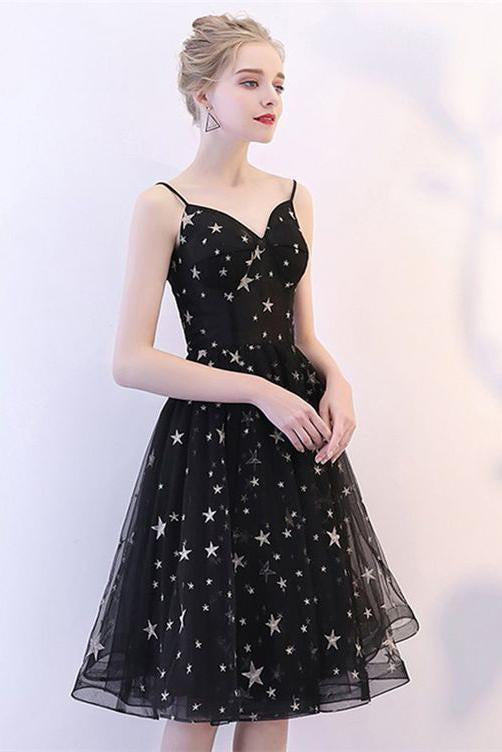 Black V Neck Short Prom Dresses Spaghetti Straps Knee Length Homecoming Dress with Stars