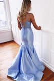 Blue Mermaid Two Piece Satin Lace up Long Prom Dresses V Neck Party Dresses