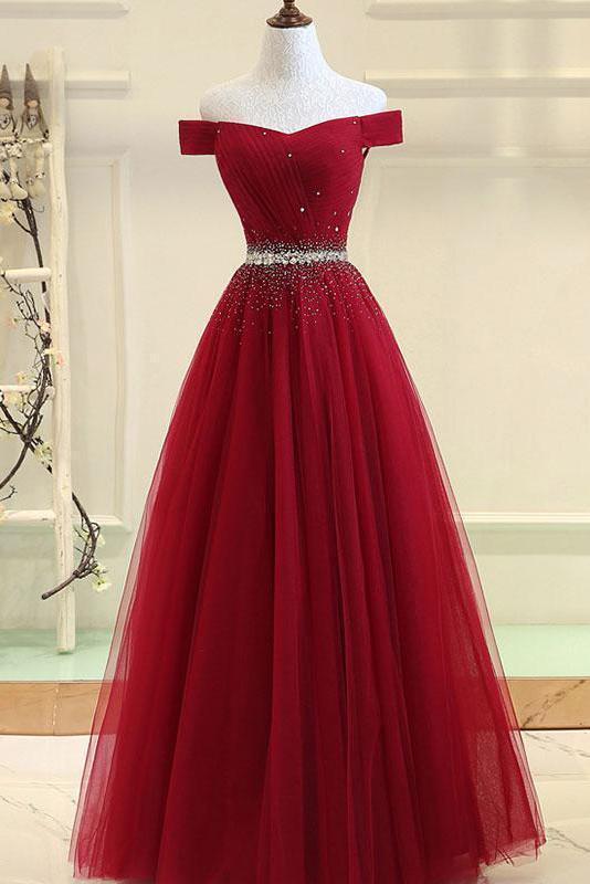 Burgundy A line Off the shoulder Sweetheart Prom Dresses Beads Evening Dresses
