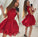 Cap Sleeve Red Lace Above Knee Scoop Homecoming Dresses Graduation Dresses