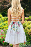 Charming V Neck Lace Short Prom Dresses with Embroidery
