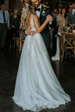 Chic V Neck Ivory Lace Appliques V Back Wedding Dresses with Appliques Lace up