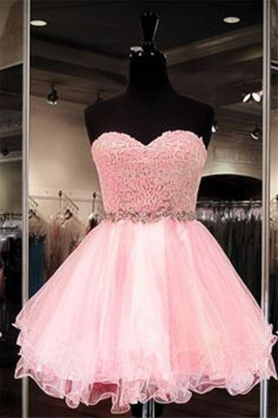 Lace Short Blush Pink Strapless Sweetheart Sweet 16 Dress Homecoming Dresses