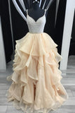 Princess Luxurious Spaghetti Straps V-Neck Beading Bodice Tulle Long Prom Dress with Layers