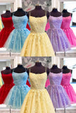 Blue A-line Spaghetti Straps Lace Short Prom Dresses, Homecoming Dresses