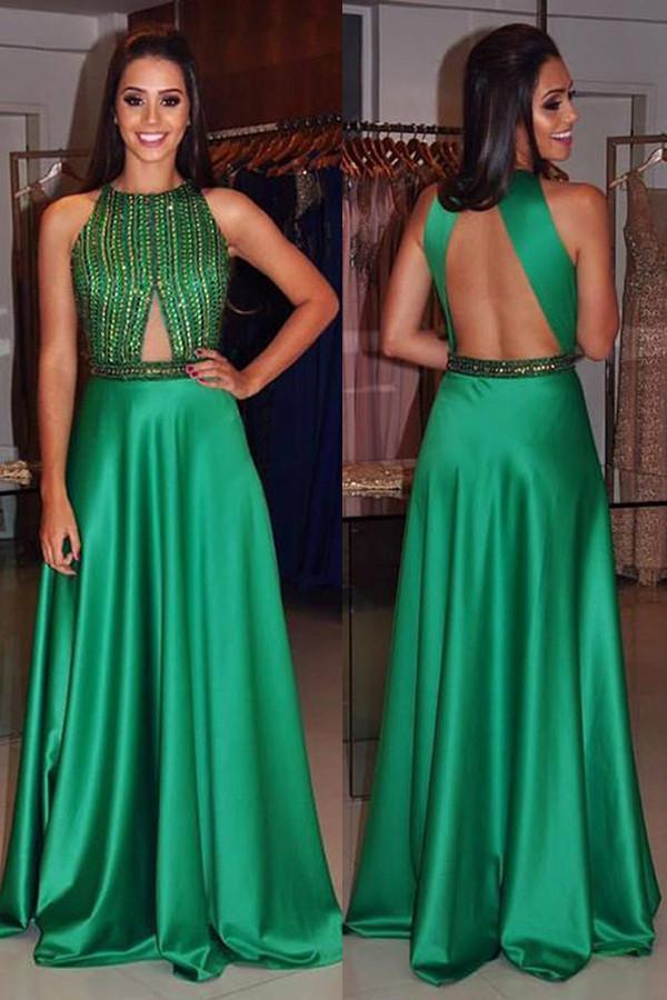 A-Line High Neck Sleeveless Green Open Back Satin with Beading Prom Dresses