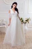 Deep V Neck Drop Sleeves Lace Wedding Dresses White Long Wedding Gowns PW505