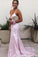 Delicate Pink V Neck Spaghetti Straps Mermaid Prom Dresses