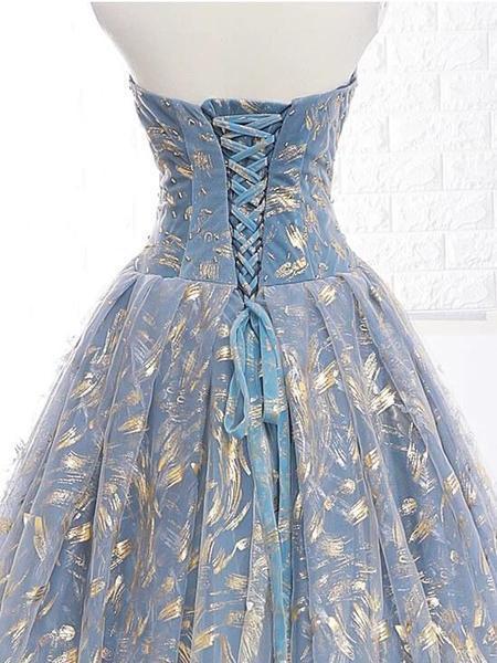 Elegant A Line Blue Tulle Long Strapless Lace up Gold Evening Dress Prom Dresses