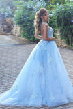 Light Blue Lace Appliques Ball Gown Tulle Prom Dresses Princess Wedding Dresses
