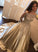 Satin Ball Gown Gold Long Sleeves Scoop Lace Appliques Beads Floor Length Prom Dresses