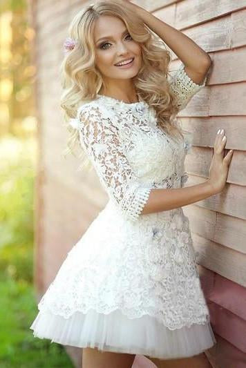 Popular Half Sleeve Lace See Through Cute Homecoming Short Prom Dress