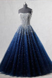 A-Line Blue Sweetheart Sequin Spaghetti Straps Tulle Long Lace up Prom Dresses