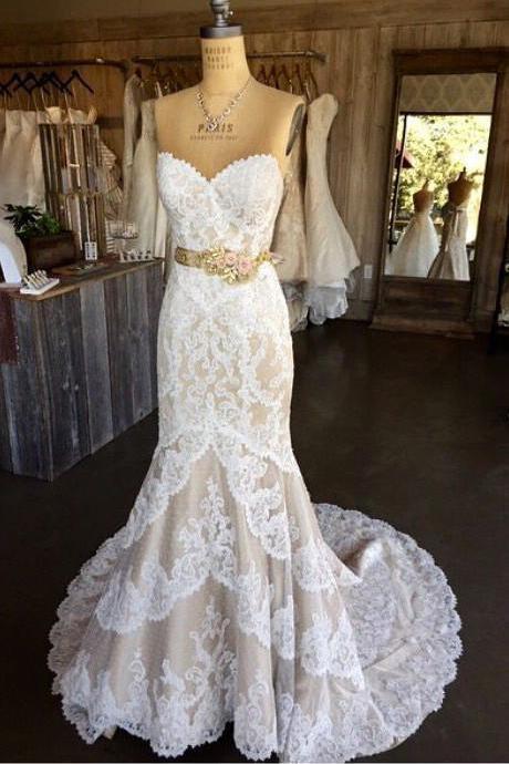 Princess Mermaid Strapless Sweetheart Lace Appliques with Flowers Wedding Dresses