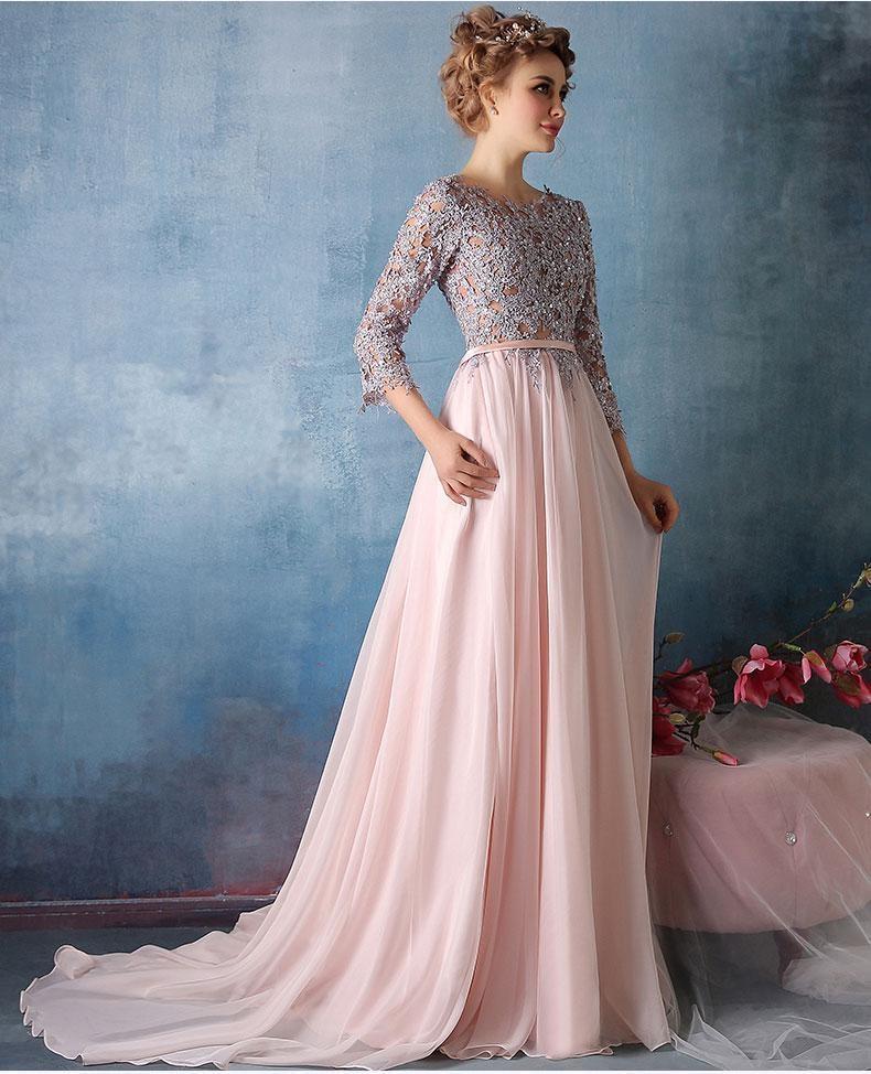 Scoop A-line Pink Chiffon with Silver Lace Appliqued Long 3/4 Sleeves Prom Dresses