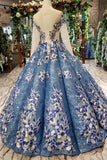 Gorgeous Ball Gown Sheer Neck Long Sleeves Lace up Sequins Appliques Quinceanera Dresses