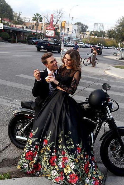 Two Piece Lace Floral Print Black Sexy Open Back Long Sleeve High Neck Prom Dresses