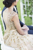 Illusion Neck Beading Long Gold Wedding Dress with Sheer Back Long Prom Dresses