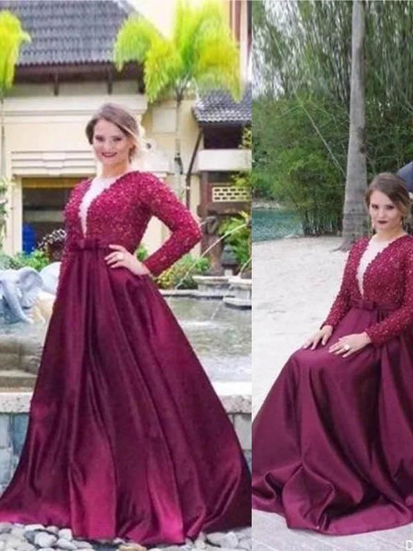 A Line V Neck Long Sleeves Beading Sweep Train Satin Plus Size Prom Dresses