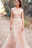 Long Tulle Vintage Romantic Unique Cap Sleeve Pink A-Line Appliques Wedding Dresses