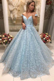 Light Blue Lace Ball Gown Off the Shoulder Prom Dresses with Appliques Sweetheart