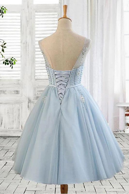 Light Blue Tulle Short Prom Dress Scoop Straps Homecoming Dresses with Lace up