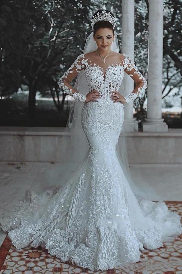 Long Sleeve Lace Wedding Dress Mermaid Beads Lace Appliques Wedding Gowns PW476