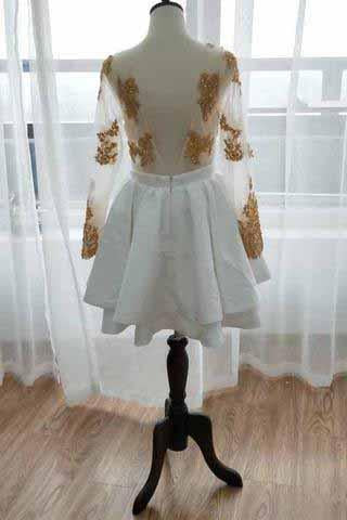 Long Sleeve V Neck White Homecoming Dresses Gold Sequins V Neck Short Prom Dress