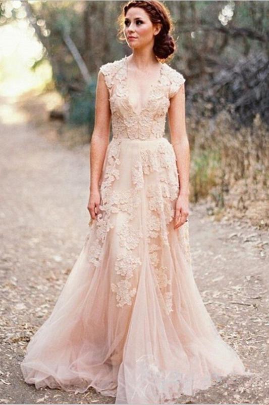 Long Tulle Vintage Romantic Unique Cap Sleeve Pink A-Line Appliques Wedding Dresses