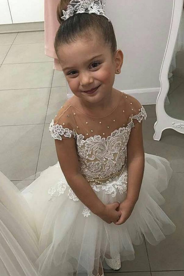 Lovely Flower Girl Dresses Cap Sleeve Pearls Appliques High Low Wedding Party Dress PW882