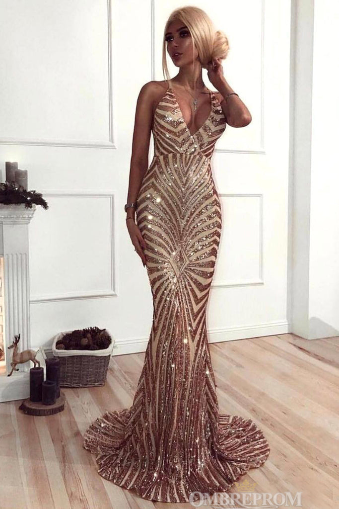 Luxury Spaghetti Straps Deep V Neck Mermaid Prom Dresses