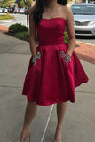 Simple Strapless Beaded Homecoming Dresses with Pockets