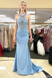 Mermaid Blue Prom Dresses Halter Open Back Lace Event Dresses