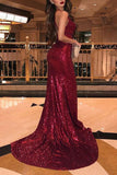 Mermaid Burgundy Side Slit V Neck Spaghetti Straps Prom Dresses Formal Dresses