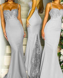 Mermaid Grey Spaghetti Straps Sweetheart Lace Satin Bridesmaid Dresses