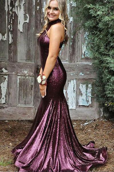 Mermaid High Neck Purple Sequin Evening Dresses Cheap Sleeveless Prom Dresses