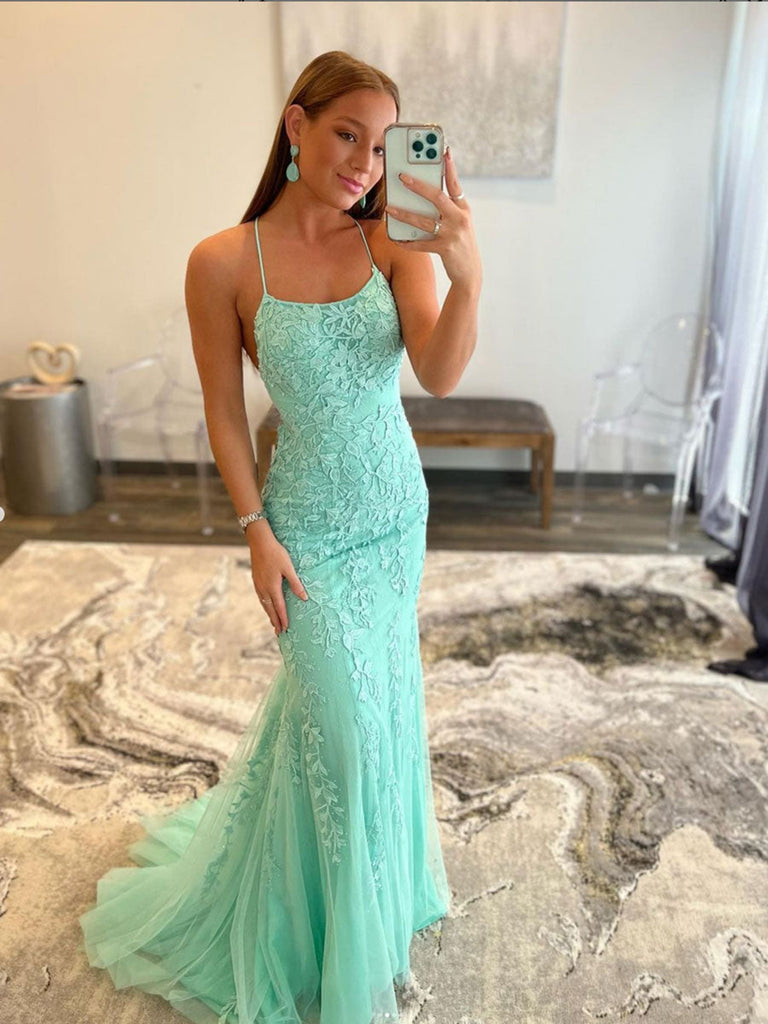 Appliques Lace Mint Green Backless Evening Dresses Mermaid Long Prom Dresses