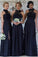 Navy Blue Halter Lace Appliques Bridesmaid Dresses, Top Chiffon Side Split Prom Dresses PW342
