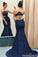 Navy Blue Mermaid Appliques Sweep Train Lace Prom Dresses
