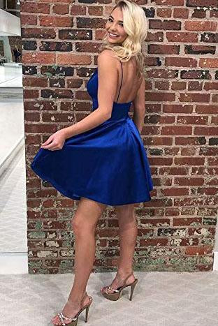 Navy Blue Spaghetti Straps V Neck Homecoming Dresses with Pockets V Neck Cocktail Dress